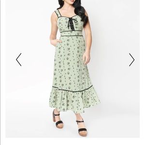 Unique Vintage Green gingham & black flora midi dress